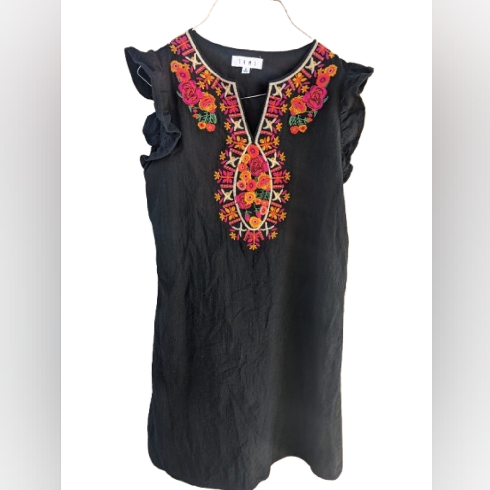 THML Anthropologie  Black Embroidered Ruffle Cap Sleeve Dress Size S